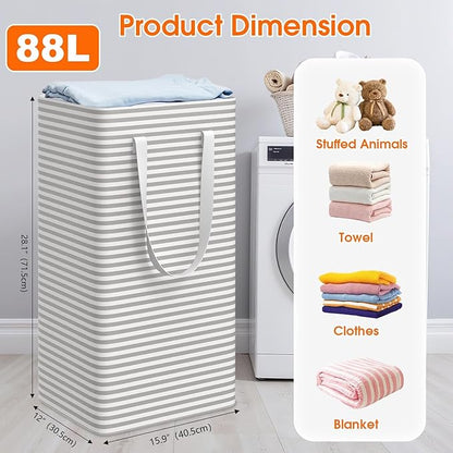 3 Pack Large Laundry Basket,Waterproof & Freestanding Laundry Hamper,Collapsible Clothes Hampers with Easy Carry Long & Reinforced Handles in Bathroom,College Dorm(88Lx3,Gray)