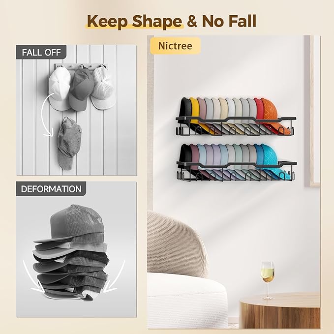 Nicetree Hat Rack for Wall - 2 Pack Metal Hat Organizer for Baseball Caps - Heavy Duty Wall Mounted Baseball Cap Organizer and Hat Storage for Closet Wall or Bedroom - Holds 48 Caps,Black