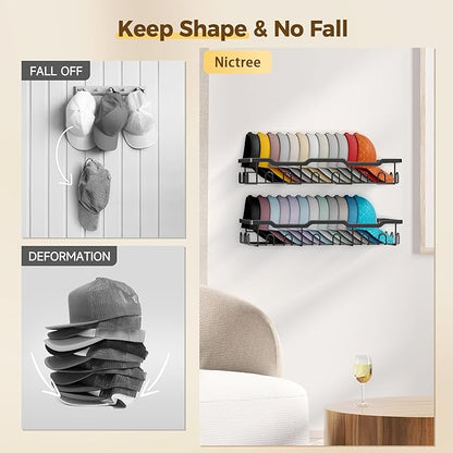 Nicetree Hat Rack for Wall - 2 Pack Metal Hat Organizer for Baseball Caps - Heavy Duty Wall Mounted Baseball Cap Organizer and Hat Storage for Closet Wall or Bedroom - Holds 48 Caps,Black