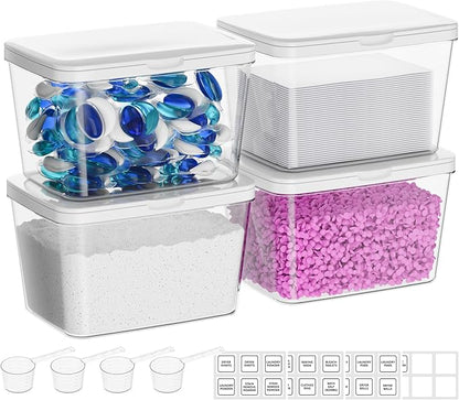 Vtopmart 5 Pack Laundry Pods Container and Dryer Sheet Holder, Detergent Powder Container with Lids &Labels & Scoop for Laundry Room Organization, Laundry Storage for Powder, Pods, Scent Booster Beads