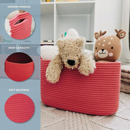 Coral Rainbow Cotton Rope Basket for Shelf Storage - 15"×10"×9½" - Colorful Decorative Basket for Kids - Nursery, Playroom, Classroom - Toy Storage, Books, Towels
