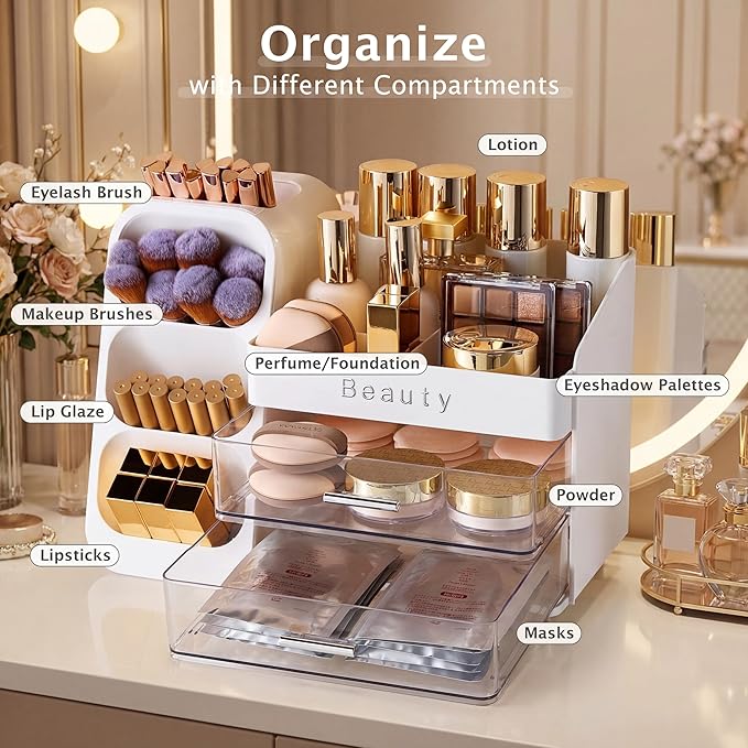 Makeup Organizer for Vanity with Brush Holder, Countertop Makeup organizer with Drawers for Skincare, Cosmetics, Perfumes, Eyeshadow Palettes, Spacious Cosmetic storage organizer