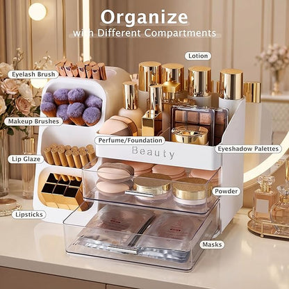 Makeup Organizer for Vanity with Brush Holder, Countertop Makeup organizer with Drawers for Skincare, Cosmetics, Perfumes, Eyeshadow Palettes, Spacious Cosmetic storage organizer