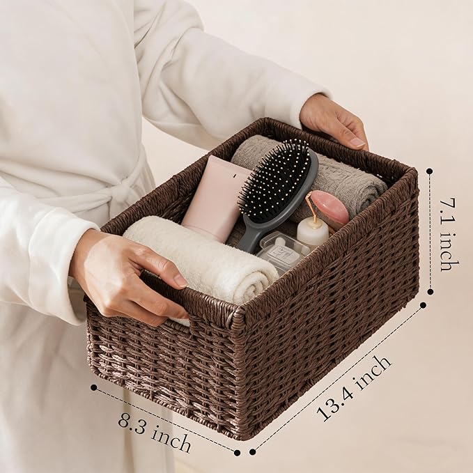 joybest Dark Brown Wicker Baskets for Shelves, 13.4L x 8.3W x 7.1H inch Hand-woven Storage Baskets for Pantry Organizing, Foldable Rectangular Bin with Handles, 2-pack
