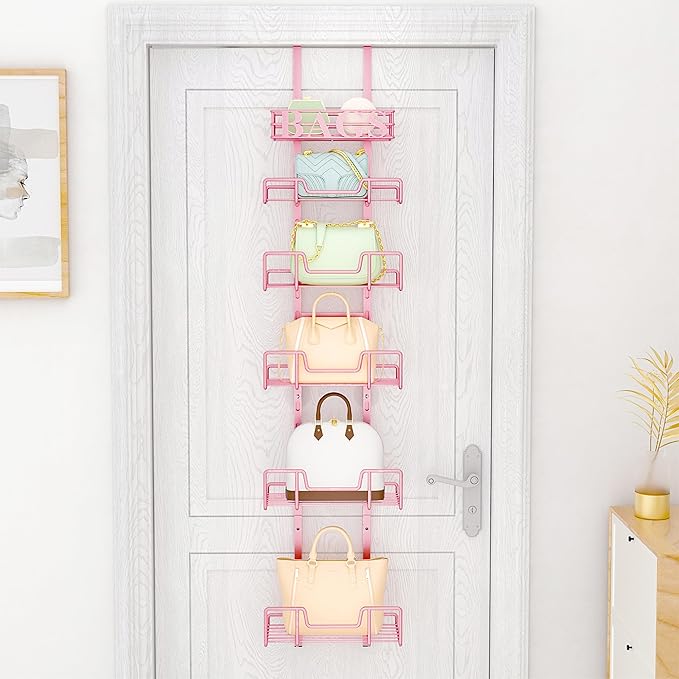 HapiRm Over Door Purse Organizer - Adjustable Purse Storage Rack with Bags Design Metal Basket, Wall Mounted Handbag Organizer, Hanging Handbag Holder, Can Use As 1/2 Part Detachable