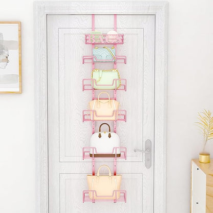HapiRm Over Door Purse Organizer - Adjustable Purse Storage Rack with Bags Design Metal Basket, Wall Mounted Handbag Organizer, Hanging Handbag Holder, Can Use As 1/2 Part Detachable