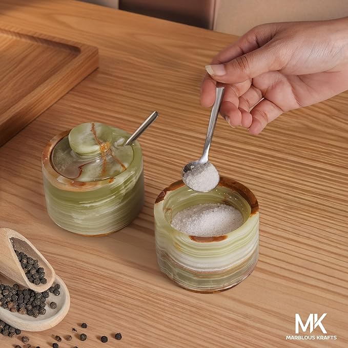 MARBLOUS KRAFTS Marble Salt Cellar with Lid and Spoon 3" Inch Green Stone Salt Dish for Kitchen Countertop Storage, Small Set of 2 Seasoning Containers, Spice Jars, Sugar Bowl, Gift for Mom