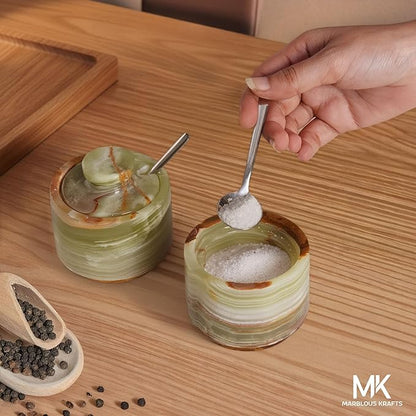 MARBLOUS KRAFTS Marble Salt Cellar with Lid and Spoon 3" Inch Green Stone Salt Dish for Kitchen Countertop Storage, Small Set of 2 Seasoning Containers, Spice Jars, Sugar Bowl, Gift for Mom