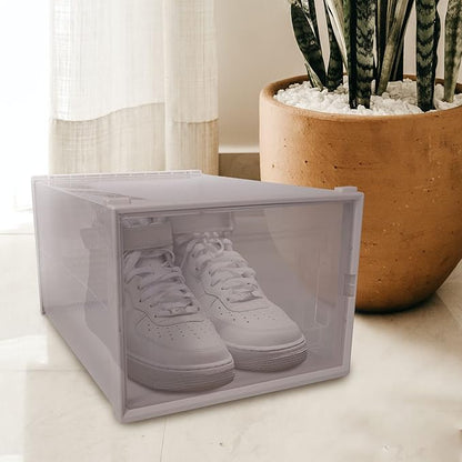 Basic Fundamentals 12 Pack Stackable Storage Bins for Sneaker Shoes - Clear Plastic, Foldable Shoe Box for Closet Organizing - Perfect Drop Front Shoe Organizer with Breathable Frame, White