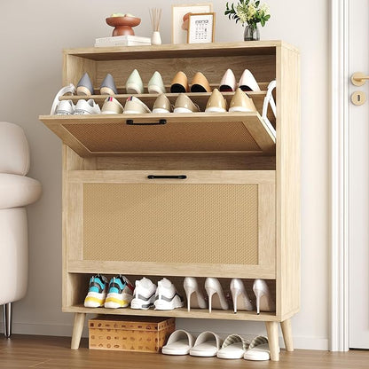Gadroad Shoe Storage Cabinet with 2 Flip Drawers, Freestanding Shoe Organizer with Wood Legs, Farmhouse Rattan Shoe Rack for Entryway, Living Room, and Bedroom, Natural