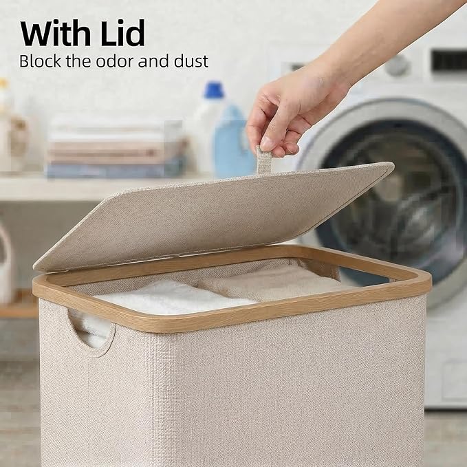 efluky 26 Gal Laundry Basket with Lid and Net Bag, Tall Laundry Hamper with Bamboo Handles, Aesthetic Dirty Clothes Bin for Laundry Room, Bathroom, Bedroom and Dorm, Oatmeal