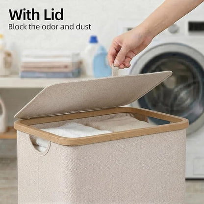 efluky 26 Gal Laundry Basket with Lid and Net Bag, Tall Laundry Hamper with Bamboo Handles, Aesthetic Dirty Clothes Bin for Laundry Room, Bathroom, Bedroom and Dorm, Oatmeal