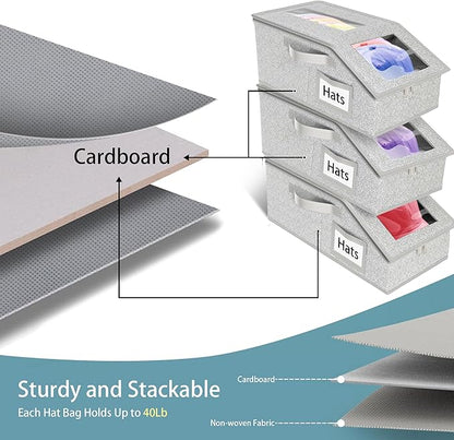 Stackable Hat Storage for Baseball Caps, 3 PCS Hat Storage Boxes for Closet, Holds up to 45 Caps with Cardboard, Hat Organizer for Women & Men(Two Clear Window) (Grey 3-pack)
