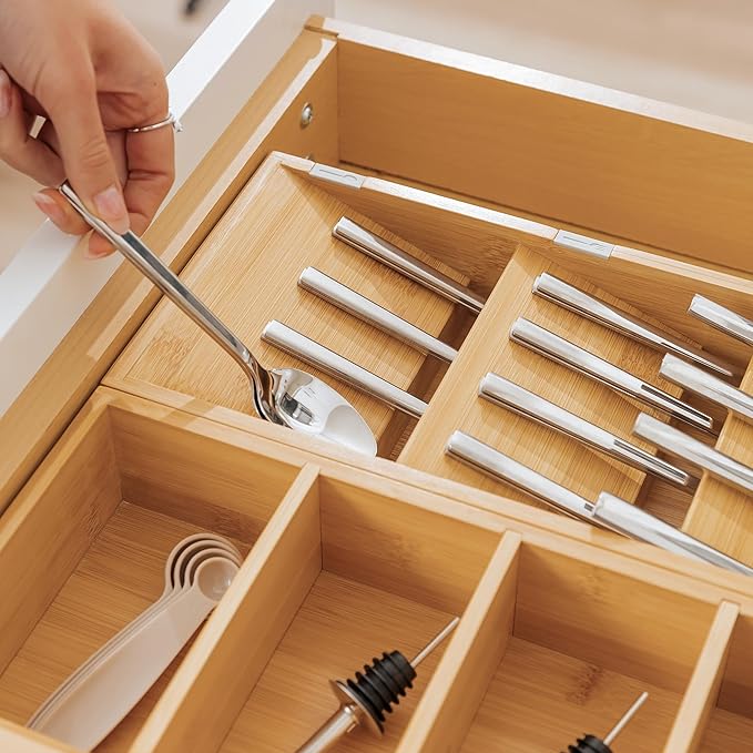 KitchenEdge Premium Silverware and Utensil Drawer Organizers – Slanted 3-Compartment and 5-Compartment Design, Labeled Slots, Non-Slip Feet, 100% Sustainable Bamboo, 2 Pack