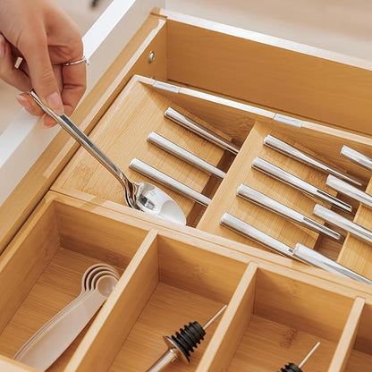 KitchenEdge Premium Silverware and Utensil Drawer Organizers – Slanted 3-Compartment and 5-Compartment Design, Labeled Slots, Non-Slip Feet, 100% Sustainable Bamboo, 2 Pack