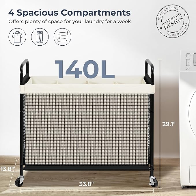 STO STO Laundry Hamper 4 Section, 140L Rolling Laundry Sorter Cart with Removable and Washable Liner Bag, Clothes Hamper with Wheels and Metal Handle for Laundry Room and Bedroom, Beige