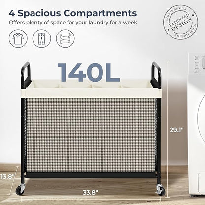 STO STO Laundry Hamper 4 Section, 140L Rolling Laundry Sorter Cart with Removable and Washable Liner Bag, Clothes Hamper with Wheels and Metal Handle for Laundry Room and Bedroom, Beige