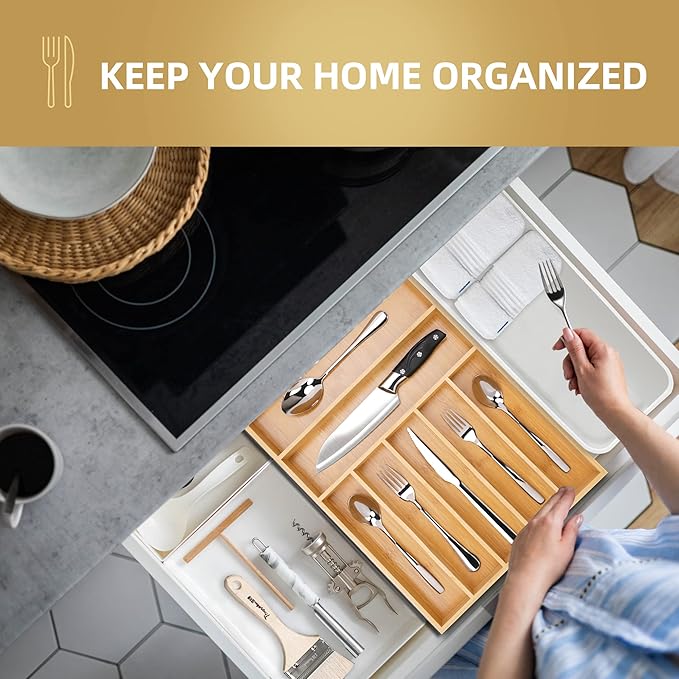 Upassion Bamboo Kitchen Drawer Organizer, 13 Inch Silverware Organizer with Extra-deep Grooved Divider, 7 Slots Pure Bamboo Wood Caddy for Flatware Cutlery Knives, Forks, Spoons