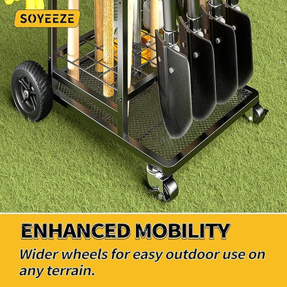 SOYEEZE Garden Tool Organizer with Large Wheels, Heavy Duty 3-Tier Yard Tower Tool Rack for Garage, Holds Up to 35 Long-Handled Tools, Garden Tool Cart with 12 Hooks for Tool Organization Storage