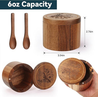 Timtopno Salt Cellar, 2PCS Salt Container Acacia Wood Salt and Pepper Box for Countertop with Built-in Spoon & Swivel Lid, Wood Salt Holder Bowl for Kitchen, Seasoning Storage (Rose & Bird Engraving)