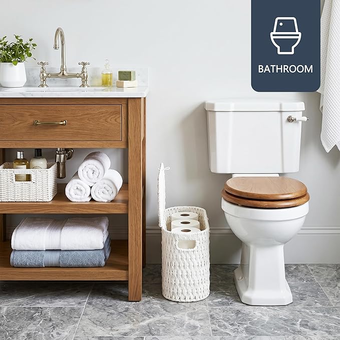 Coeusy Toilet Paper Storage Basket with Lid, Paper Rope Toilet Paper Holder for Up to 6 Mega Rolls, Wicker Basket for Bathroom Accessories Organizer, Boho Hand Woven Rattan Decorative Decor, White