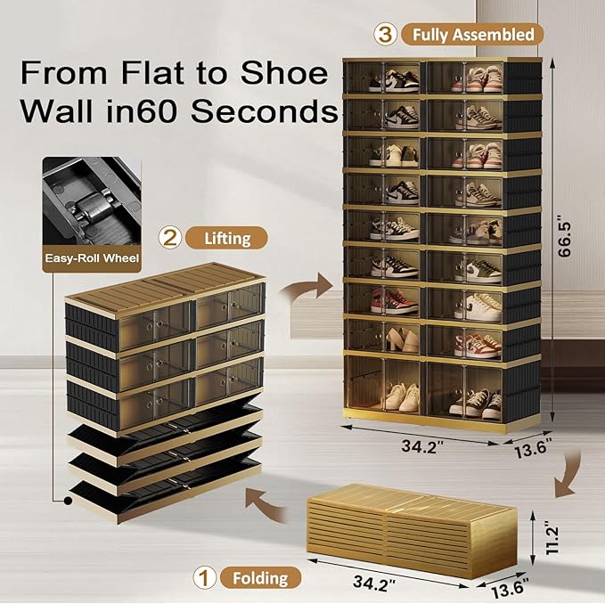 SYNCVIBE Shoe Rack Organizer for Closet Entryway Foldable Sneaker Storage Shoe, Collapsible Shoe Cabinet, Stackable Shoe Storage Cabinet with Lids for Living Room (9 Tiers -36 Pairs Black Gold)
