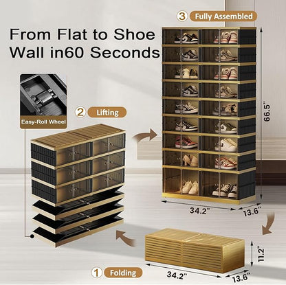 SYNCVIBE Shoe Rack Organizer for Closet Entryway Foldable Sneaker Storage Shoe, Collapsible Shoe Cabinet, Stackable Shoe Storage Cabinet with Lids for Living Room (9 Tiers -36 Pairs Black Gold)
