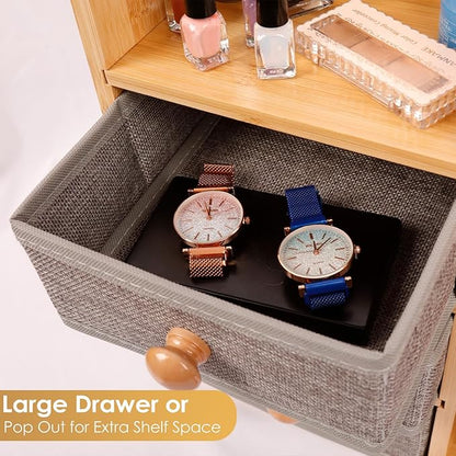 Large Makeup Organizer For Vanity, Large Capacity 3 Tiers Bamboo Bathroom Counter Organizers and Storage, Countertop Makeup Brush Holder, Nail Polish Perfume Stand with 3 Drawers and 10 Compartments