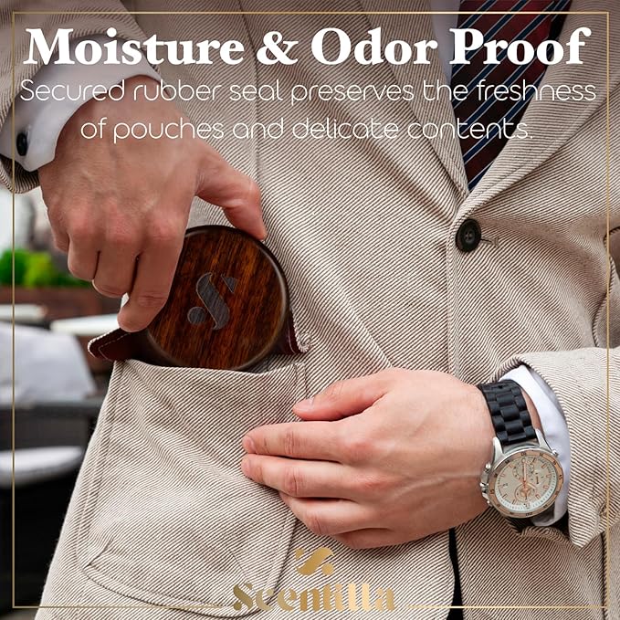 Luxury Real Teak Wood & Metal Pouch Container - Premium Pouch Can & Holder - EDC Storage Tin - Odor & Moisture Proof - with Beautiful Gift Box & Velvet Bag