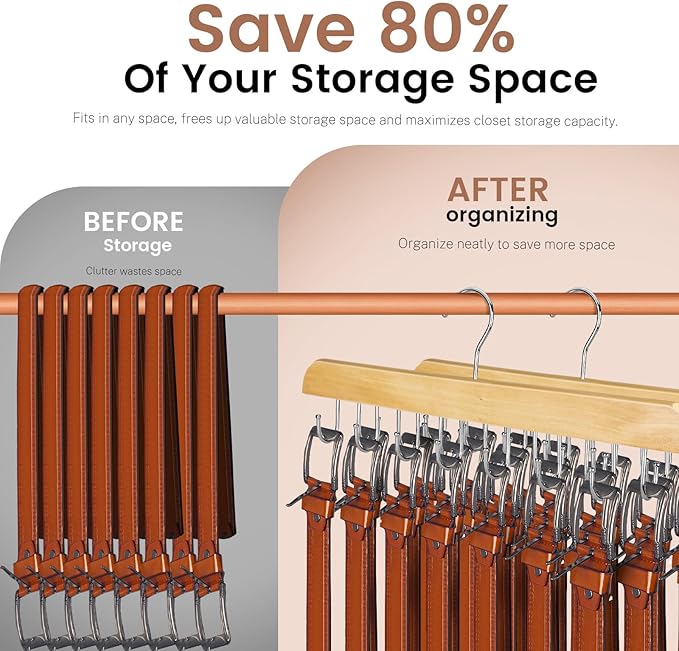 ASTIMESA Solid Wood Belt Hanger for Closet, 14 Hooks Belt Organizer Space Saver, 360° Rotating Belt Holder Tie Rack for Men Women Dorm Bra Purse Scarf Tank Top Storage Accessories (Beige)