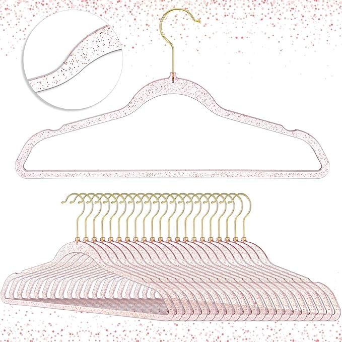 Roshtia 50 Pcs 50 Pcs Clear Acrylic Hangers Plastic Glitter Coat Hanger Durable Nonslip Suit Heavy Duty Clothes Hangers Lightweight and Space Saving for Closet Organization (Pink)