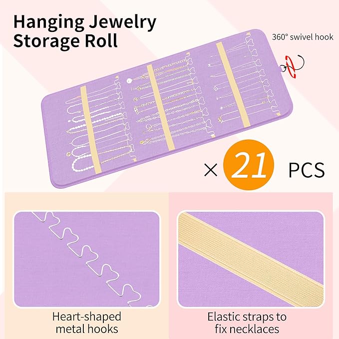 Bloss Hanging Jewelry Organizer with 48 Pockets, Mothers Day Gifts Double-Size Hanging Jewelry Holder with Hanger Hooks, Jewelry Organizers and Storage for Earrings, Necklaces and Rings, Purple