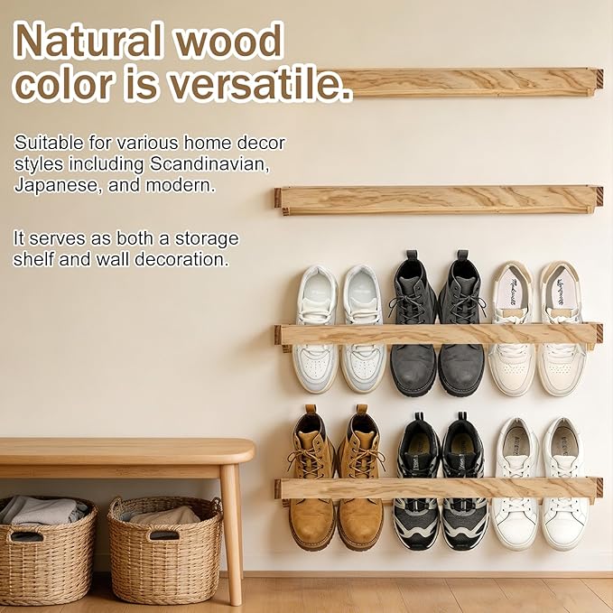 4 Pcs Wood Wall Mounted Shoe Rack 30 Inch Wall Mounted Shoe Rack for Narrow Spaces Footwear Holder Space Saving for Closet Mudroom Entryway