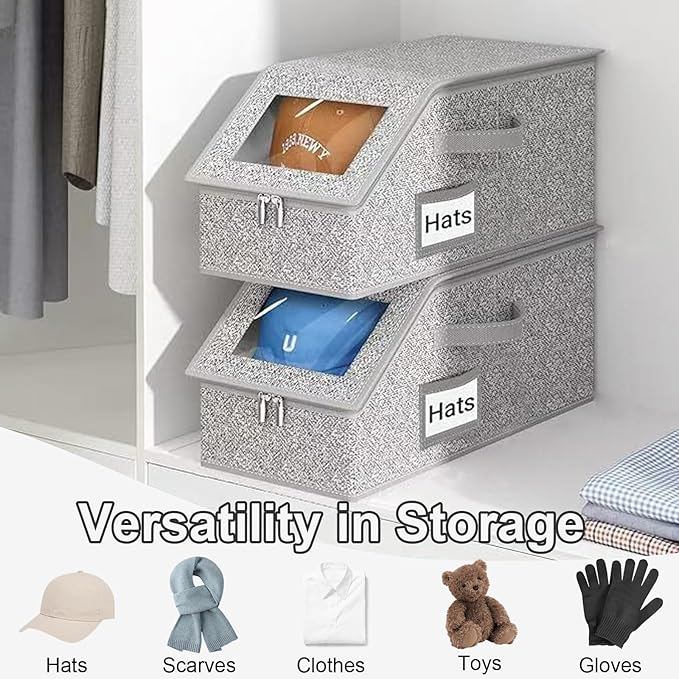 2 Pack Hat Organizer for Baseball Caps, Stackable Hat Storage Box for Closet, Cap Organizer & Cowboy Hat Case, Dustproof Hat Holder for Snapback Trucker Hats, Grey Hat Box