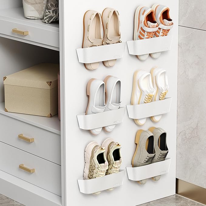 Wall Mounted Shoe Rack, Adhesive & Drill Mount Hanging Shoe Organizer, Plastic Shoe Storage for RV, Camper, Closet & Door, Patent Protected, Patent Protected, White-6Pack