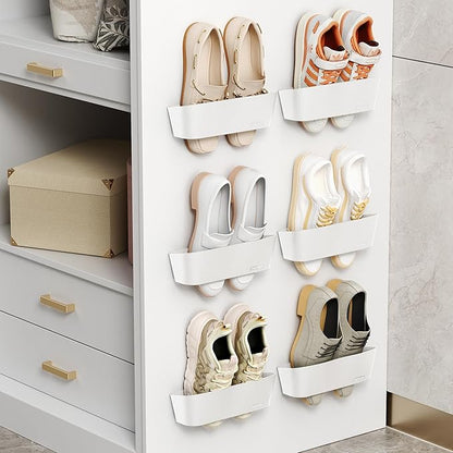 Wall Mounted Shoe Rack, Adhesive & Drill Mount Hanging Shoe Organizer, Plastic Shoe Storage for RV, Camper, Closet & Door, Patent Protected, Patent Protected, White-6Pack