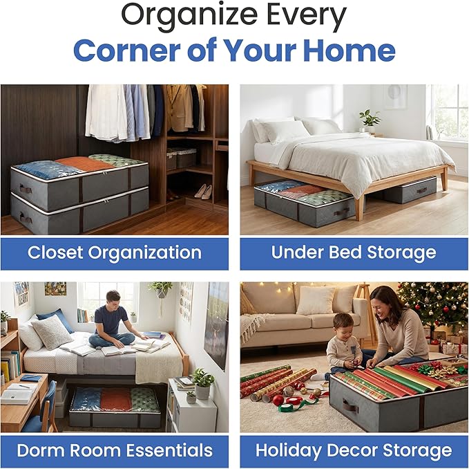 Underbed Storage Bags 4-Pack - Foldable Under Bed Storage Organizer for Clothes, Bedroom Blankets, Comforter, Pillows, Linen Sheets, Towels, Sweaters, Shoe Drawers - Ideal for College Dorms (Grey)