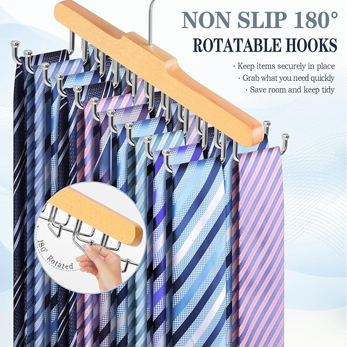 2PC Tie Rack Hanger for Closet Fitnice Upgraded Non Slip Tie Holder Organizer Space Saving with 20 Foldable Hooks Wooden Belt Hanger for Tank Tops Bras Cami Scarves