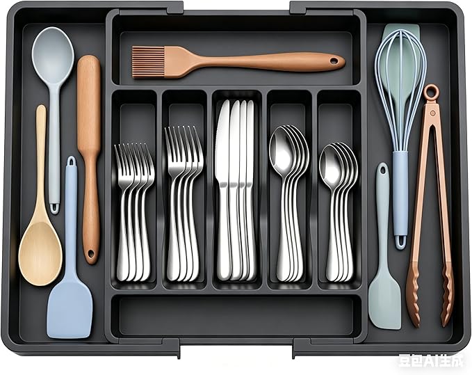 Silverware Drawer Organizer, Expandable Kitchen Drawer Organizer, Adjustable Cutlery Storage, Flatware and Cutlery Holder for Spoons Forks Knives (Black)