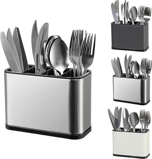 Kitchen Utensil Holder,Utensil Holder for Countertop,Silverware Organizer Stainless Steel Utensil Caddy,Flatware Spoon Knife Fork Cutlery Holder 4 Compartment Caddy