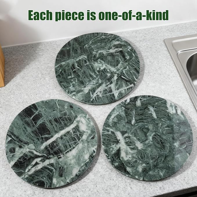 12" Marble Lazy Susan Turntable - 100% Natural Stone Round Serving Tray with Silent Spinning, Revolving Cake Stand & Cheese Board for Kitchen Countertop, Cupcake Table Display, Food, Seasoning (Green)