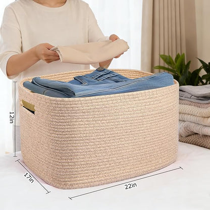 Large 75L Woven Laundry Basket, Collapsible Cotton Rope Storage Hamper for Blankets, Toys, Dirty Clothes, Rectangle Nursery Basket for Living Room, Bedroom, Baby Room - Brown