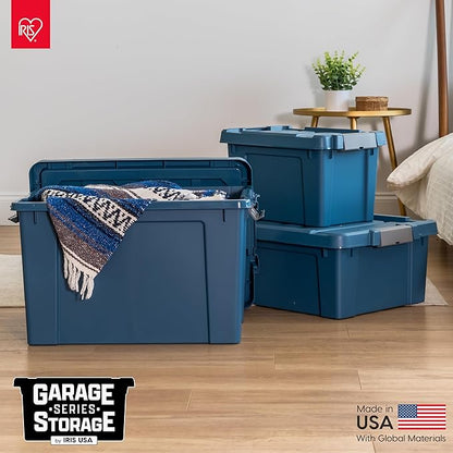 IRIS USA 20 Gallon Eco-Friendly Lockable Storage Bins with Lids, 4 Pack - Made in USA, Heavy Duty, Stackable Containers, Garage Organizing Bins Moving Tubs, Rugged Sturdy Equipment Utility Box - Navy