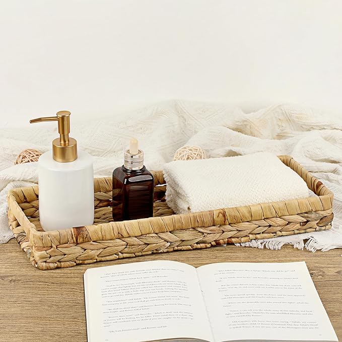 Bathroom Vanity Tray, Water Hyacinth Narrow Counter Tray with Handles, Decorative Woven Organizer Trays for Toilet Tank, Shelves, Farmhouse Hand Towels Basket Holder for Storage (Large)