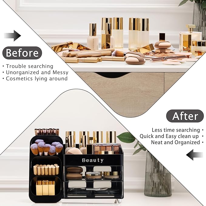 Makeup Organizer for Vanity with Brush Holder, Countertop Makeup organizer with Drawers for Skincare, Cosmetics, Perfumes, Eyeshadow Palettes, Spacious Cosmetic storage organizer
