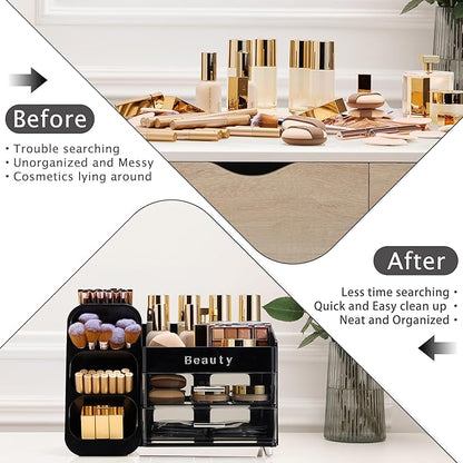 Makeup Organizer for Vanity with Brush Holder, Countertop Makeup organizer with Drawers for Skincare, Cosmetics, Perfumes, Eyeshadow Palettes, Spacious Cosmetic storage organizer