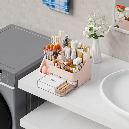 Yieach Countertop Makeup Organizers for Vanity,Bathroom,Dresser,Large Makeup Storage Organizer and Beauty Skincare Organizer,Plastic Makeup Holders and Organizers for Lotion,Hair Product & Tool,Pink
