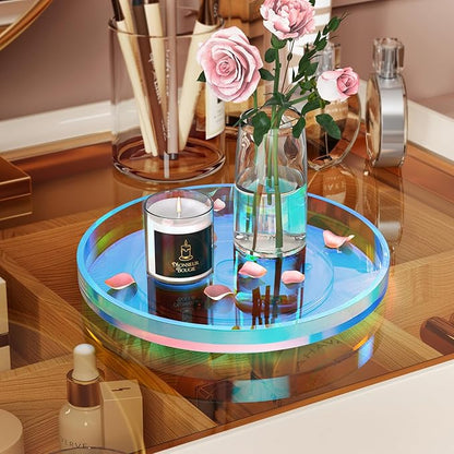 NiHome 9 Inch Turntable Acrylic Vanity Organizer Tray for Condiments Cosmetics, Multipurpose Non-Slip Decorative Tray Organizer for Kitchen Bathroom Living Space, Modern Minimalist Design(Iridescent)