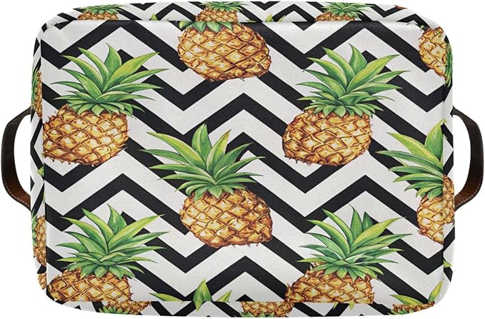 Pineapple Pattern Storage Basket Bin, Large Cube Storage Box Canvas Collapsible Storage Organizer for Home Office Closet - 15 L x 11 W x 9.5 H