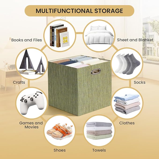 Posprica Foldable Storage Bins,13×13×13 Storage Cubes Basket Containers for Shelf Cabinet Bookcase Boxes,Thick - Set of 4, Yellow/Brown Mixed